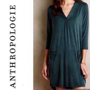 Dolan Anthropologie Deep Teal Plunge Neck 3/4 Sleeve Coastal Summer Midi Dress